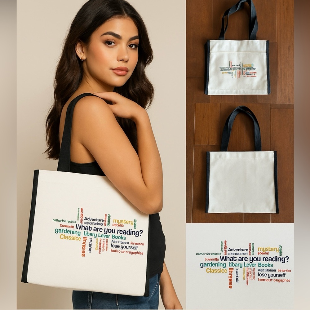 NEW Canvas Tote Bag – “What Are You Reading?” Word Art Print – Book Lover Gift